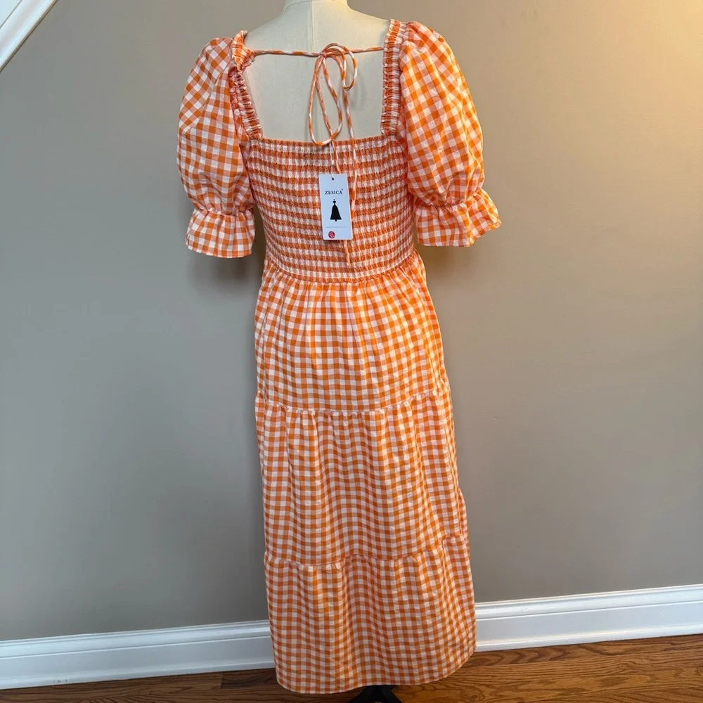 Zesica Orange Checkered Midi Dress with Puff Sleeves - Picture 7 of 15